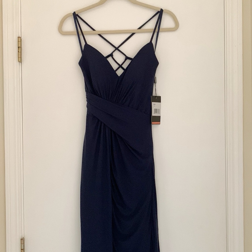 La Femme Navy Blue Backless Spaghetti-Strap Evening Gown - Picture 2 of 8